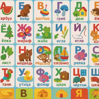 Коллаж цветных карточек с буквами русского алфавита и разнообразными иллюстрациями предметов и животных в разных визуальных стилях.