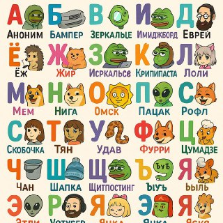 Сборка иллюстраций-азбуки: яркие буквы и маленькие изображения, демонстрирующие визуальные ассоциации для каждой буквы.