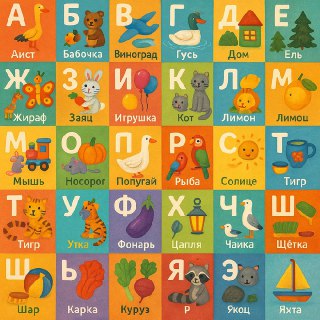 Яркий набор иллюстрированных квадратов с буквами азбуки, где каждая буква сопоставлена с цветной картинкой или символом.