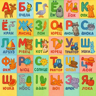 Коллаж учебного типа с буквами и изображениями, некоторые рисунки стилизованы под детские книжки, другие — под современные мемы.