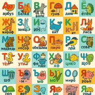 Сетка карточек азбуки с разноцветными фонами и разнообразными пиктограммами, сочетание традиционных и современных визуальных подходов.