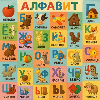 Плотно расположенные квадратные и прямоугольные картинки-азбуки с буквами и сопровождающими рисунками, демонстрация визуальных ассоциаций.