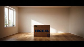 Запечатанная картонная коробка с логотипом IKEA в освещённой скандинавской комнате на деревянном полу; мягкий естественный свет подчёркивает интерьер и тени.