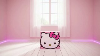 Розовая минималистичная комната с окном и фигурой Hello Kitty в центре; пустой пол и неоновая подсветка по периметру создают стилизованную сцену.