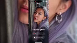 Скриншот приложения Pika Social: вертикальное видео с молодой женщиной в центре, интерфейс приглашает создать AI lip-sync ролик, промо
