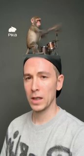 Вертикальное видео с мужчиной и наложённым эффектом: анимированная обезьяна барабанит на его голове — пример AR/анимации в приложении Pika