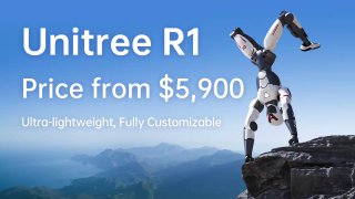 Рекламное изображение робота Unitree R1 на фоне гор и неба с текстом о цене, демонстрирующее позу робота и контекст предложения продукта.