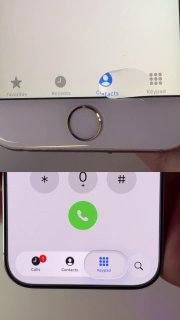 Крупный план двух iPhone: верхний с физической кнопкой «Домой» и металлической рамкой, нижний с экраном и иконкой звонка.
