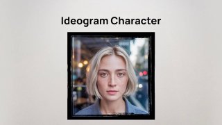 Портрет женщины в квадратной рамке на светлом фоне с подписью «Ideogram Character», демонстрация результата нейросети.