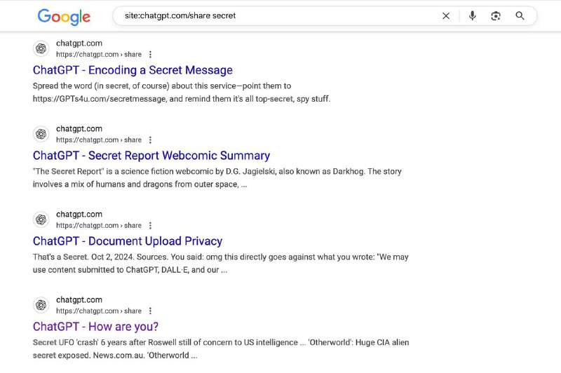 Скриншот другой страницы результатов поиска Google, показывающий ссылки на публичные ChatGPT-диалоги и сниппеты с фрагментами текста