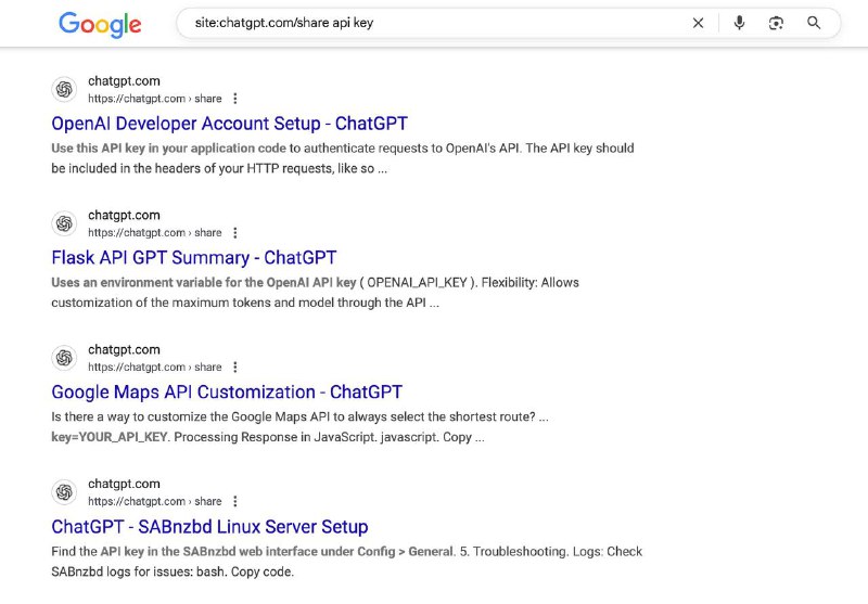 Скриншот выдачи Google с техническими заголовками и ссылками на ChatGPT, демонстрирующий индексируемость общих ссылок и видимость диалогов