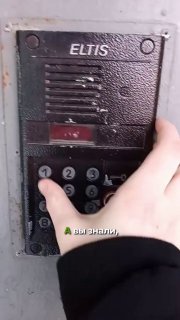 Крупный план входного домофона с надписью ELTIS и цифровой клавиатурой; рука в тёмном рукаве нажимает кнопку.