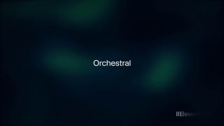 Превью интерфейса генератора музыки ElevenLabs: тёмный фон с размытыми зелёными пятнами и белой надписью «Orchestral», без людей или объектов.