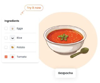 Экран приложения: отмеченный список ингредиентов (Eggs, Rice, Potato, Tomato) и иллюстрация миски супа с подписью «Gazpacho».