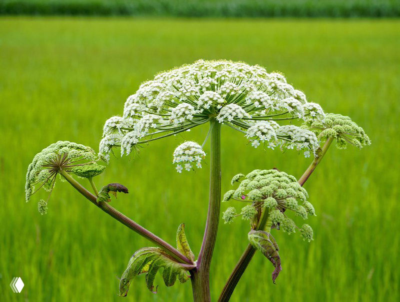 Крупный план цветущего борщевика на фоне зелёного поля, иллюстрация к новости об ИИ-патрулях в Петербурге, выявляющих сорняк.