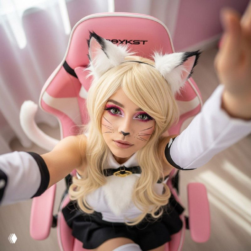Косплей-портрет взрослой женщины с кошачьими ушками, макияжем и розовым игровым креслом — реалистичное сгенерированное изображение с детальной обработкой.