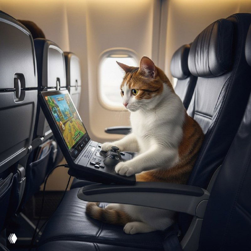 Кот в салоне самолета сидит на кресле и использует портативный игровой контроллер и ноутбук — юмористическое и реалистично сгенерированное изображение.