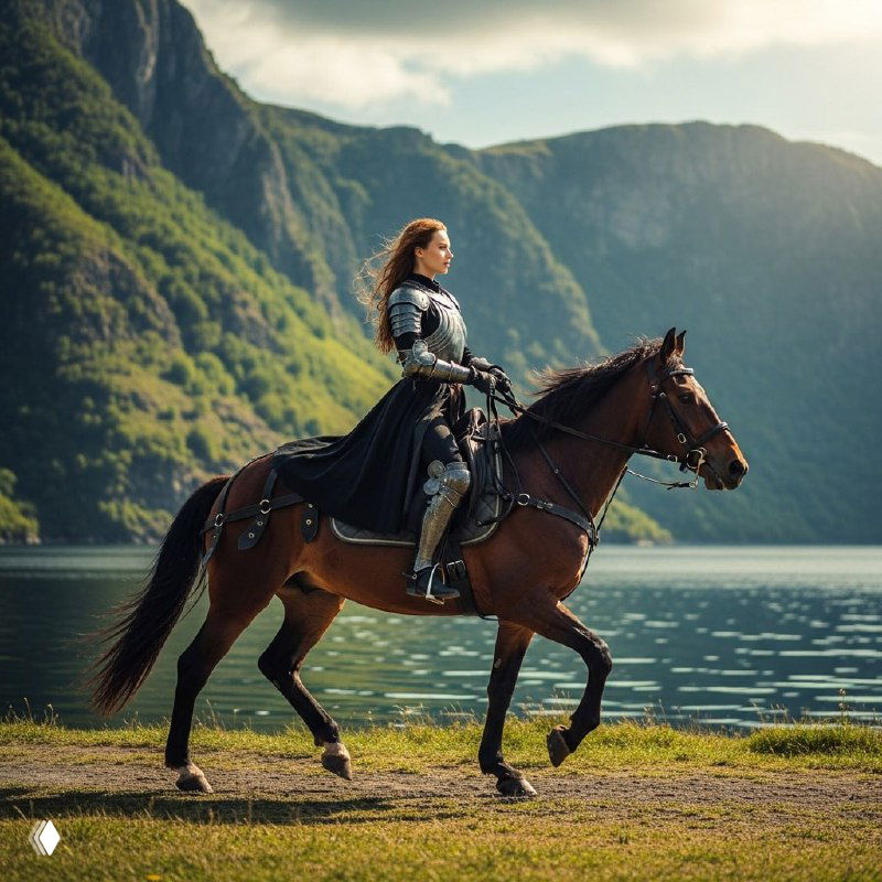 Рыцарь в доспехах верхом на лошади на фоне горного фьорда и озера, кинематографичная фэнтезийная сцена, детализированное сгенерированное изображение.