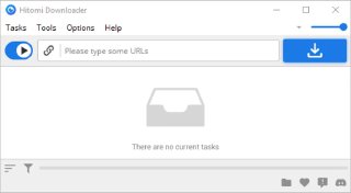 Скриншот интерфейса Hitomi Downloader: окно приложения с панелью управления, полем для ссылок и пустым списком задач