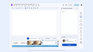 Скриншот интерфейса видеоредактора Google Vids с рабочей областью, таймлайном, панелями инструментов и миниатюрами клипов.