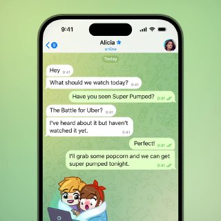Кадр с чатом Telegram на зелёном фоне: диалоговые облачка, переписка и аватары пользователей, демонстрация нового дизайна профиля.