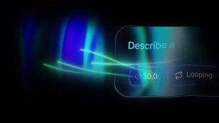 Абстрактное тёмное изображение с неоновыми световыми полосами и полупрозрачным элементом интерфейса с текстом, иллюстрация звукового генератора.