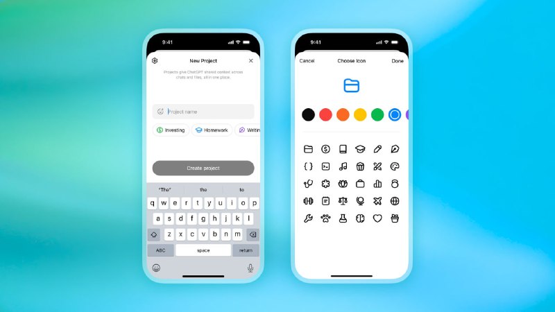 Два экрана смартфонов с интерфейсом ChatGPT: список папок‑проектов, набор иконок и палитра цветов на голубом градиентном фоне.