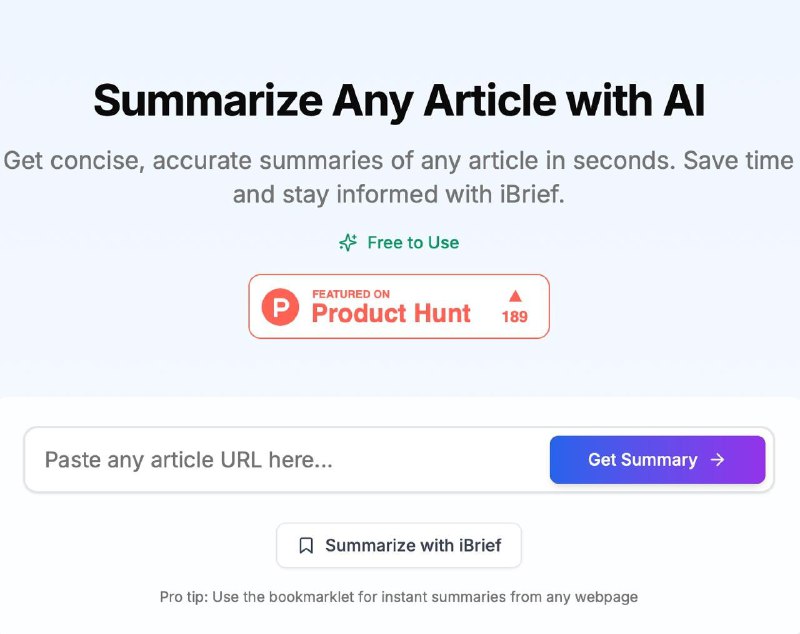Скриншот веб‑интерфейса iBrief: форма для вставки ссылки, кнопка «Get Summary», заголовок сервиса и рекламные элементы.