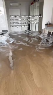 Интерьер квартиры с заметной стоячей водой на ламинате, видна мебель и двери — сцена подтопления внутри жилого помещения.