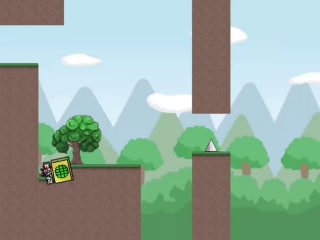Скриншот платформенной инди-игры: маленький персонаж у края платформы рядом со шипами, на фоне спокойный лес и горы.