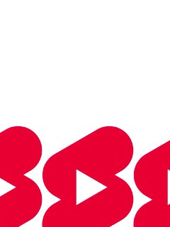 Фрагмент баннера с крупными красными геометрическими формами и стилизованным значком воспроизведения, минималистичная обложка видео.