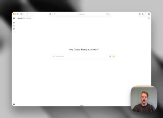 Скриншот интерфейса браузера с пустым окном ChatGPT на фоне размытого рабочего стола и небольшим видеопотоком человека в углу