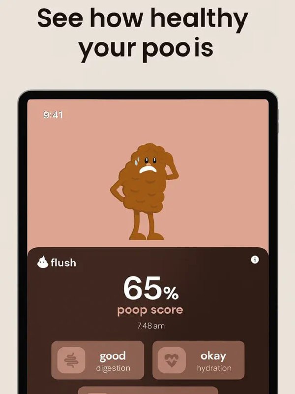 Скриншот приложения flush: экран с иллюстрацией какашки, показатель 65% «poop score», карточки статусов и тёмный интерфейс