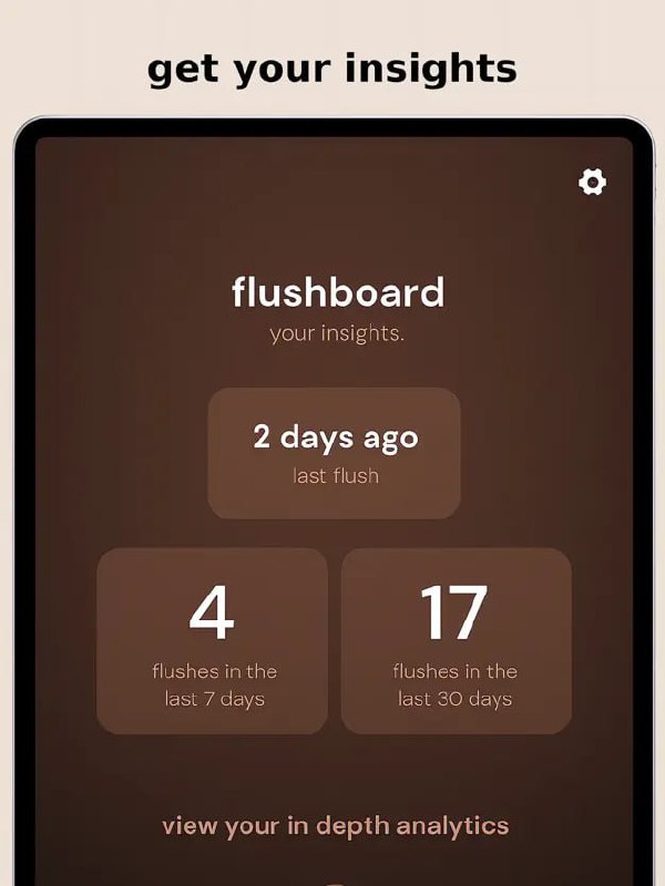 Скриншот панели flushboard: карточки статистики — число походов за 7 и 30 дней, метка «2 days ago» и минималистичный дизайн