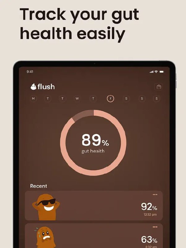 Скриншот дашборда flush: круговая диаграмма с показателем 89% «gut health», список недавних записей и коричневый интерфейс