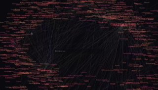 Темная диаграмма сетевых связей на черном фоне с множеством тонких пересекающихся линий и красными метками, похожая на граф.