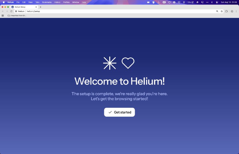 Приветственный скриншот браузера Helium: синий градиент, текст Welcome to Helium!, кнопка Get started, панель вкладок.