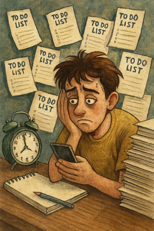 Иллюстрация: уставший человек с телефоном, вокруг листы «to do list», виден будильник и стопка бумаг — визуал прокрастинации и перегрузки задач.