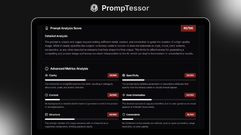 Скриншот тёмного интерфейса PromptTessor: панель анализа промптов, блоки оценки слабых мест и варианты улучшений.