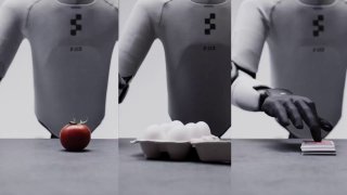 Торс и руки робота Figure 03 при выполнении трёх задач: удержание яблока, взаимодействие с яйцами и захват мелкого предмета, показано сравнительное тестирование чувствительности.