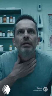 Мужчина в медицинском помещении держится за горло, тревожное выражение лица, на заднем плане полки с лекарствами и приглушённый свет.