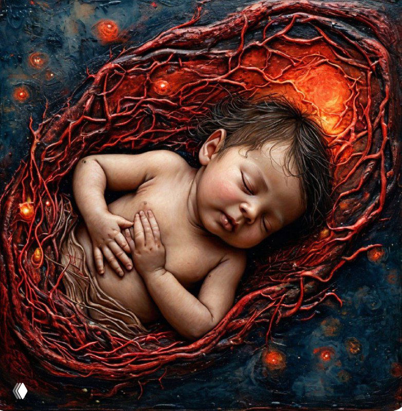Художественное изображение спящего новорождённого, окружённого пуповиноподобными красными витками на абстрактном фоне, символ беременности и связи матери и ребёнка.