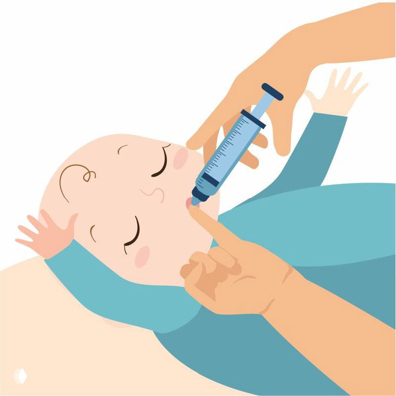 Иллюстрация кормления младенца через шприц без иглы: взрослые аккуратно подводят шприц к ротик ребёнка, спокойная демонстрация метода.