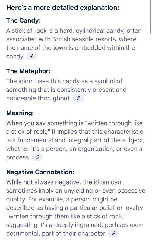 Скриншот с подробным объяснением идиомы 'stick of rock': описание сладости, метафорическое значение и возможные негативные коннотации в употреблении.