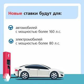 Инфографика с новыми ставками утилизационного сбора для автомобилей мощностью более 160 л.с. и электромобилей свыше 80 л.с., изображены зарядная колонка и автомобиль.