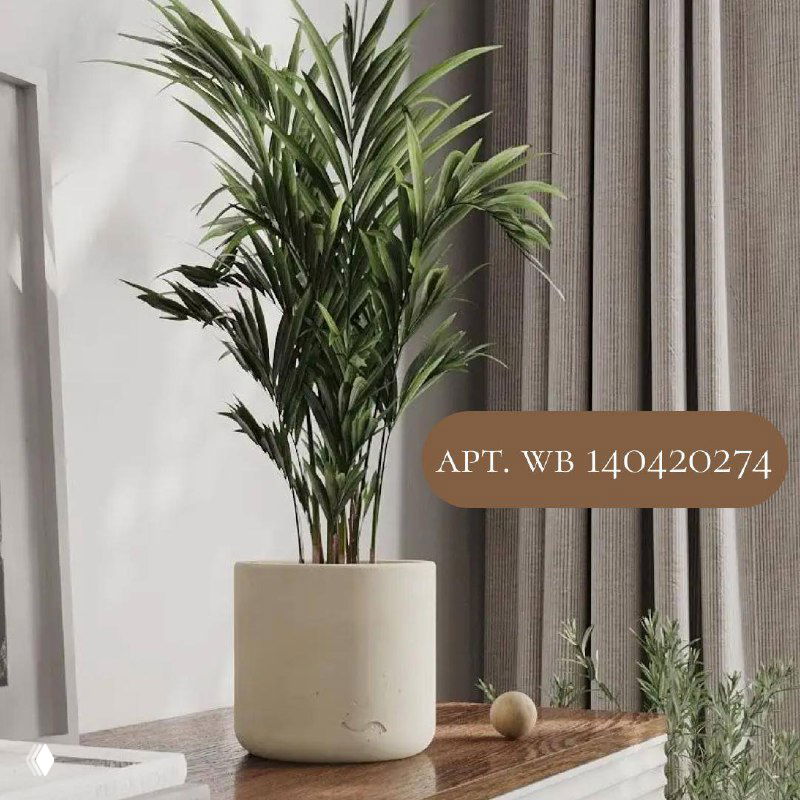 Матовый бежевый горшок с высоким тропическим растением на фоне шторы; сочетание натуральных текстур и мягкой палитры джапанди.