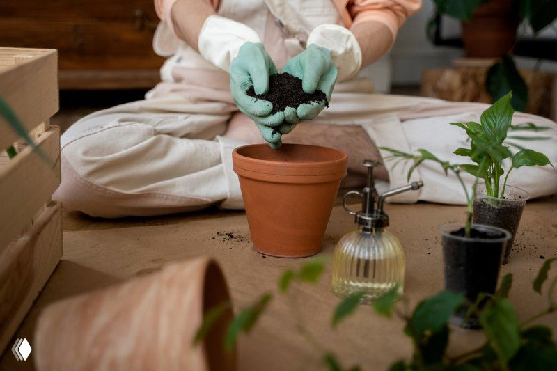 Человек в перчатках пересаживает комнатное растение: держит комок земли над керамическим горшком, видны саженцы, распылитель и рабочая поверхность для ухода за растениями.