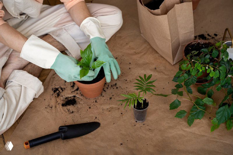 Руки в садовых перчатках пересаживают комнатное растение в горшок на столе; вокруг видны земля, инструменты и другие растения, процесс перевалки.