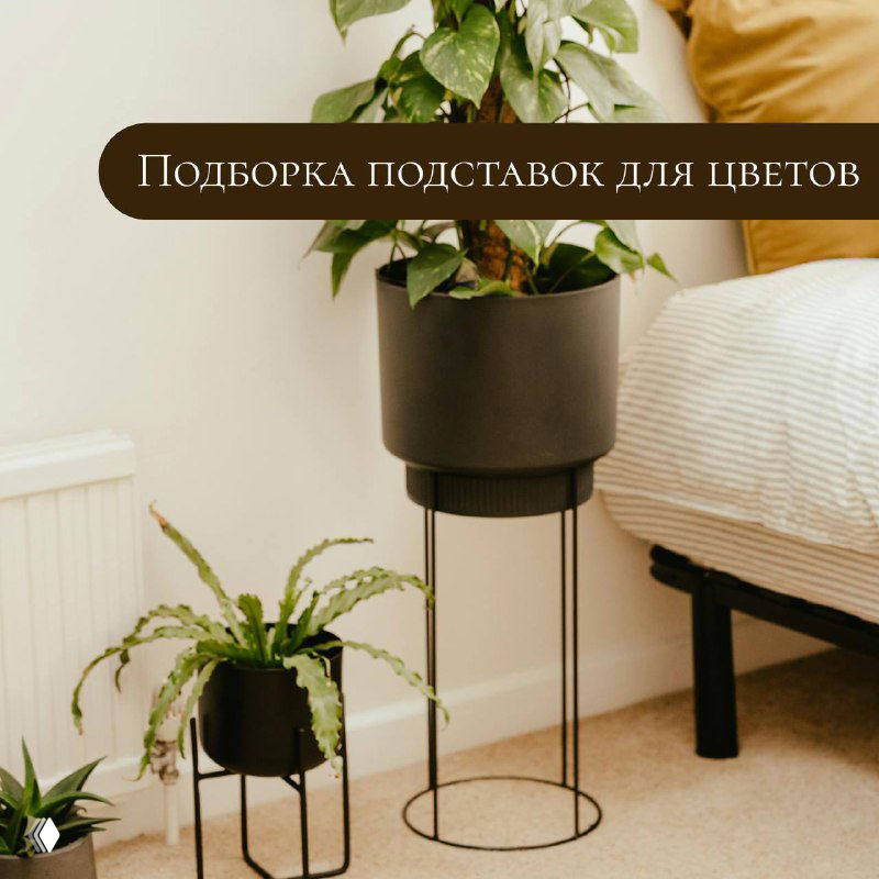 Интерьерная композиция: высокие и низкие металлические подставки под цветы у дивана и радиатора, декоративные горшки с зелёными растениями в комнате