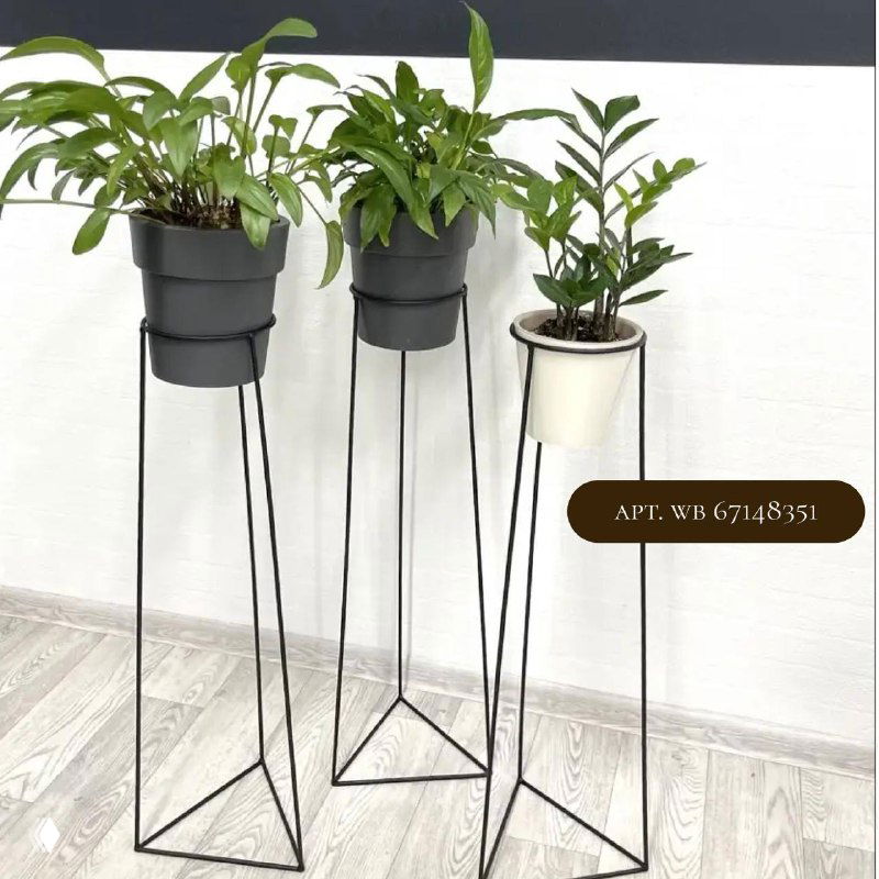 Три высокие тонкие подставки-пирамиды из чёрного металла с разной высотой — простая стеллажная композиция для высоких горшков в современном интерьере